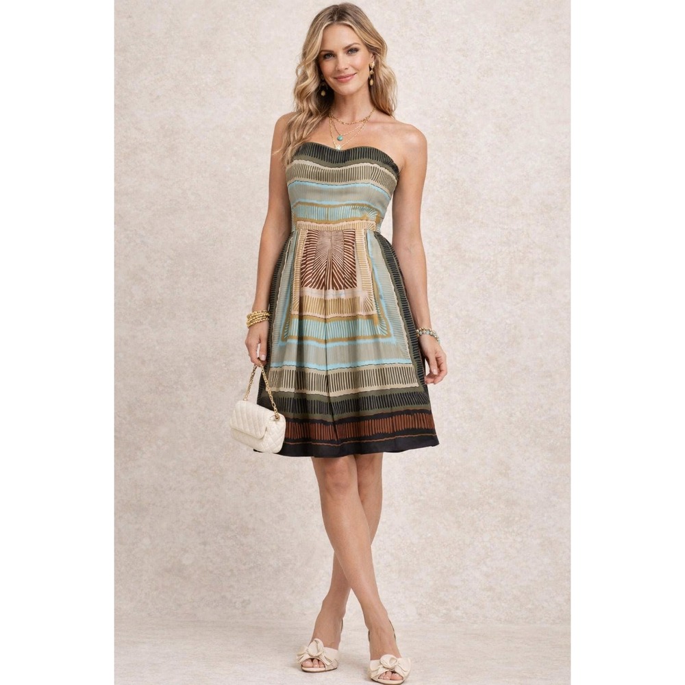 Nicole Miller Strapless Scarf Print Mini Dress Blue Green Brown Pocket 10